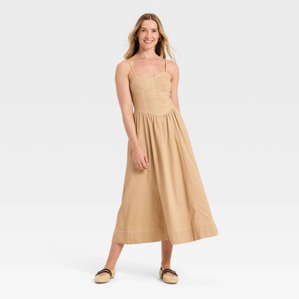 Women's Corset Midi A-Line Dress - Universal Thread Tan XL